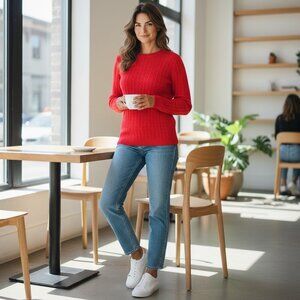 Land's End Cashmere Cable Knit Crew Neck Sweater Womens M (10/12) Red #325B